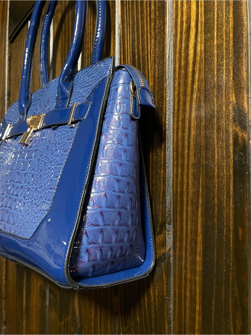 Blue Crocodile-Embossed Patent Tote Bag with Lock Accent - Picture 2 of 12